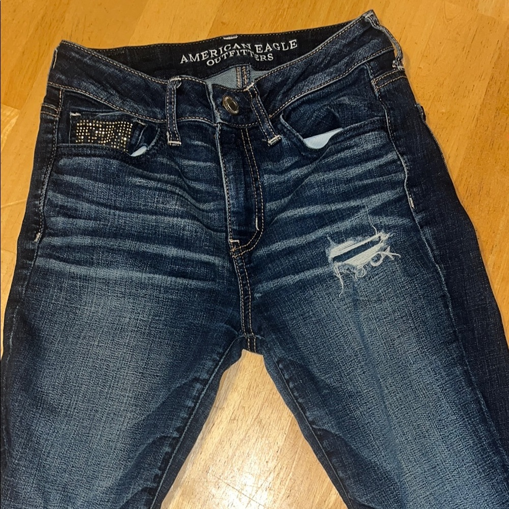 American Eagle Outfitters Blue Skinny Jeans with Distressed Details